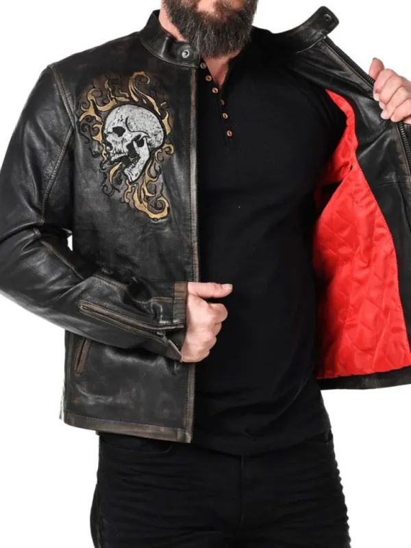Rd Skull Flames Skindjakke - Sort^* Flash Sale