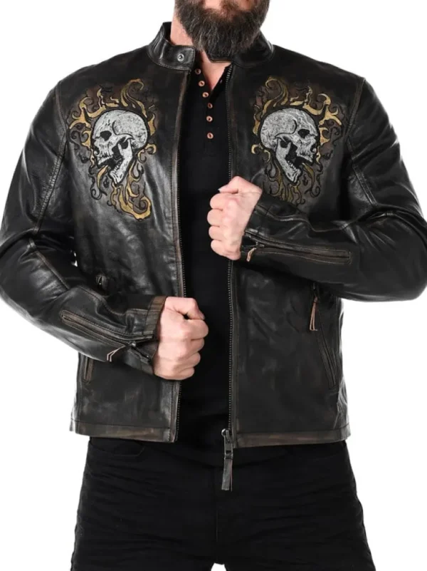 Rd Skull Flames Skindjakke - Sort^* Flash Sale