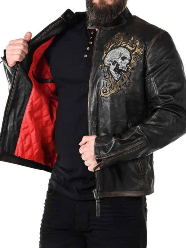 Rd Skull Flames Skindjakke - Sort^* Flash Sale