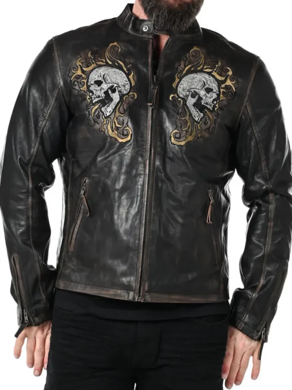 Rd Skull Flames Skindjakke - Sort^* Flash Sale