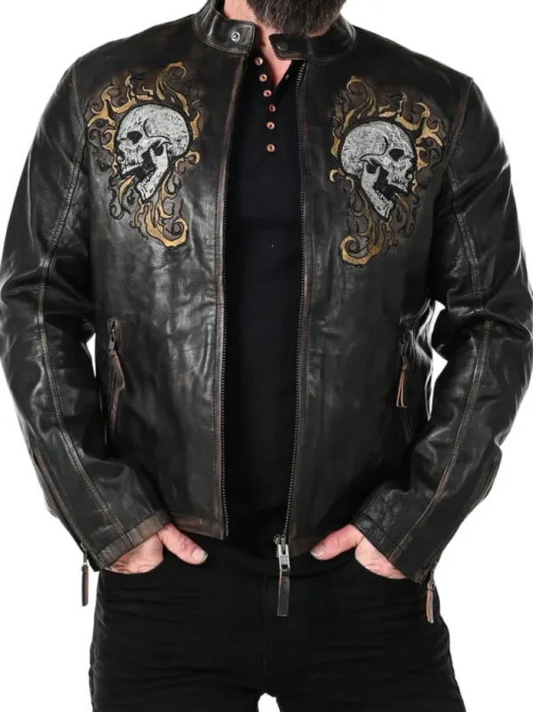 Rd Skull Flames Skindjakke - Sort^* Flash Sale