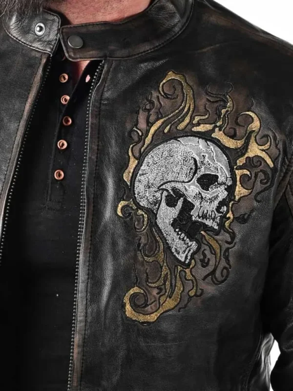 Rd Skull Flames Skindjakke - Sort^* Flash Sale